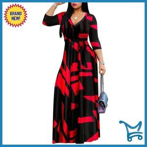 Plus Size Maxi Dress Summer Floral V-Neck 3/4 Sleeve Casual Long Sundress